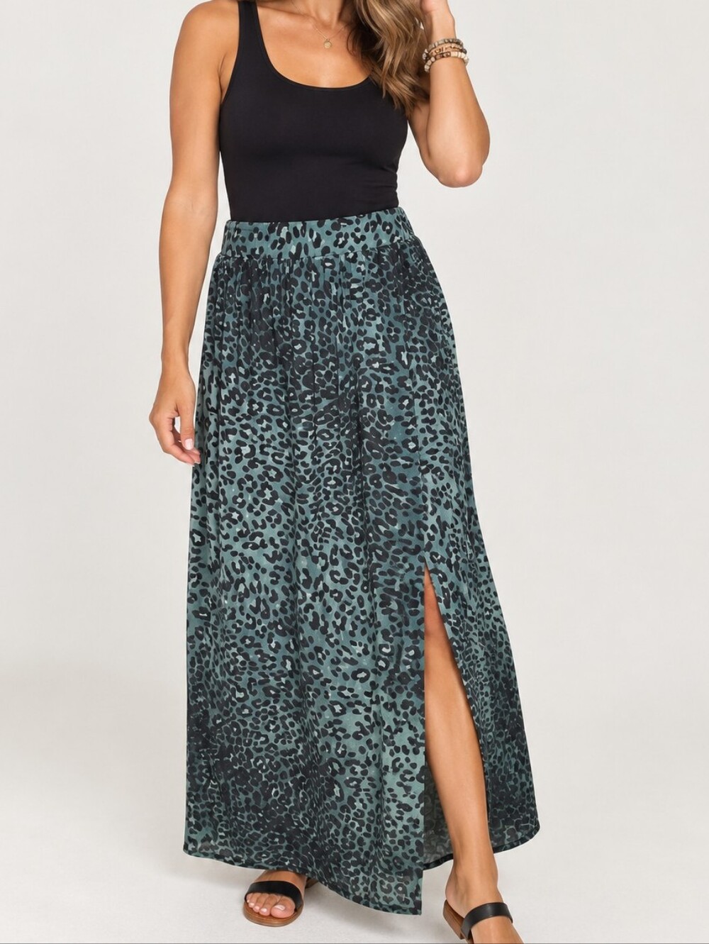 ELAN Women’s Blue Green Leopard Print Side Slit Maxi Skirt Size M